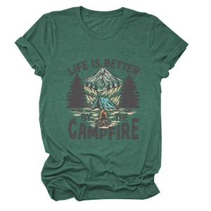Macro detail of the campfire outdoor print on a dark green crew neck cotton t-shirt