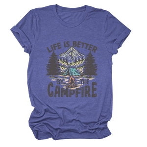 Close-up of camping graphic and Life is better by the campfire text on purple tee