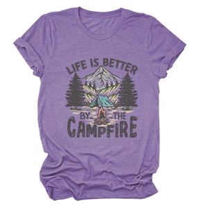 Women's purple crew neck t-shirt with 'Life is Better by the Campfire' graphic print