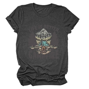 Detail of campfire print on dark grey crew neck t-shirt showing outdoor graphics