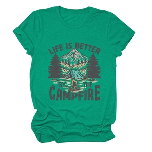 Detail of campfire and mountain graphic print on heather green short sleeve cotton t-shirt