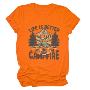 Orange cotton T-shirt with mountain campfire print and Life Is Better text