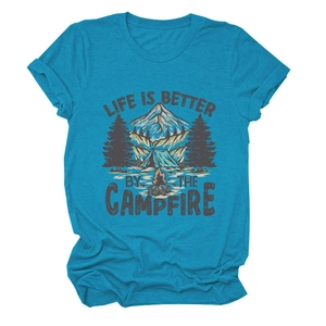 Detail of rolled sleeve cuff and campfire graphic print on a teal crew neck T-shirt
