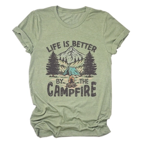 Detail of grey-green campfire graphic t-shirt showing fabric texture and camping print