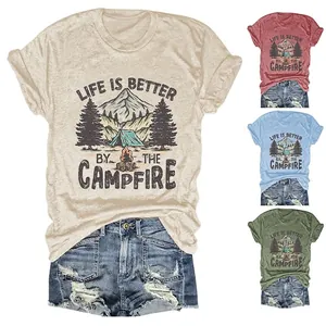 Women Casual Cotton Blend Round Neck T-Shirt Life Is Better By The Campfire Outdoor Camping Print Short Sleeve Retro Top
