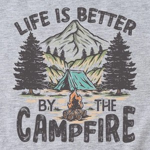 Grey campfire t-shirt featuring mountain and tent graphics with life is better text