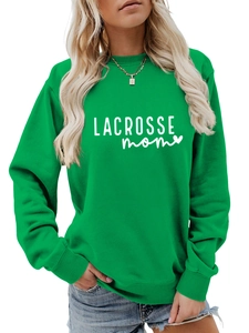 Detail of green Lacrosse Mom sweatshirt showing ribbed crewneck and white heart graphic