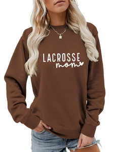 Close-up of white LACROSSE mom heart print on dark brown long-sleeved crewneck sweatshirt