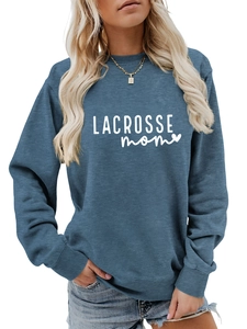 Detail view of LACROSSE mom heart print on soft greyish-blue long sleeve sweatshirt