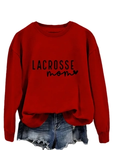 Detail of red lacrosse mom sweatshirt with heart print and drop shoulder design