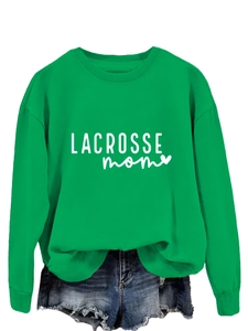 Detail of bright green Lacrosse Mom sweatshirt with white print and crewneck design