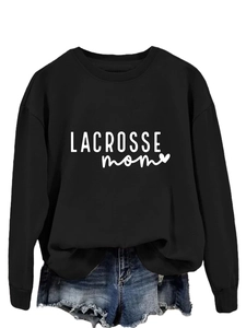 Detail of the high-quality Lacrosse Mom print on a casual black crewneck sweatshirt