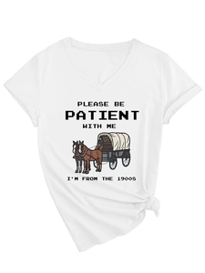 Detail of white V-neck T-shirt showing front vintage carriage print and waist knot design