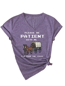 Detail of V-neck heather purple T-shirt with vintage slogan and knotted hem design