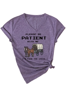 Detail of V-neck purple heather T-shirt with vintage carriage graphic and slogan print