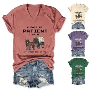 Women Retro Carriage Graphic V-Neck T-Shirt Cotton Blend Short Sleeve Humorous Letter Print Summer Loose Casual Streetwear Top