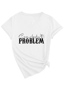 Detail of white V-neck t-shirt with Somebody's Problem print and side knot detail