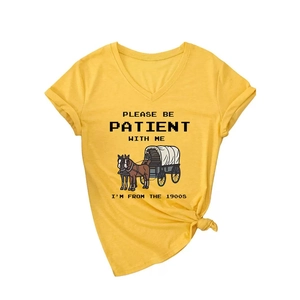 Yellow V-neck t-shirt with Please Be Patient 1900s print and stylish front knot tie
