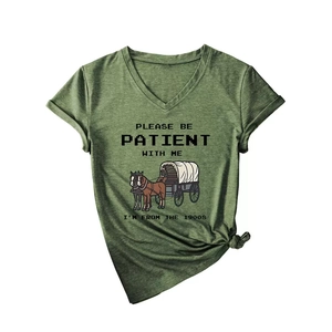 Olive green V-neck T-shirt with vintage black horse carriage and text print, front knot style