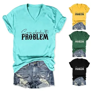 V-Neck T-Shirt Cotton Blend Somebody's Problem Letter Print Cowboy Hat Hem Tie Western Casual Women Fashion