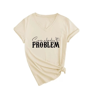 Women's V-neck T-shirt in light yellow with Somebody's Problem print and knot detail
