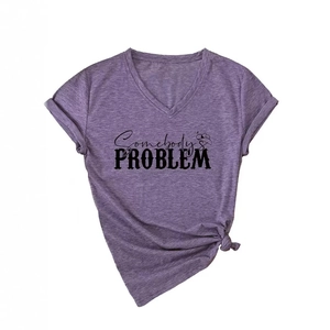 Purple V-neck T-shirt with Somebody's Problem print and stylish knotted hem design