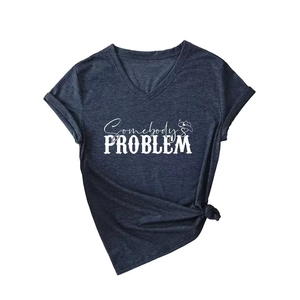 Women's Somebody's Problem V-neck T-shirt with front knot in heather navy blue