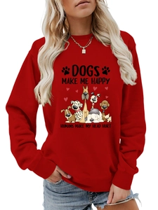 Détail de l'imprimé Dogs Make Me Happy sur un sweat-shirt rouge en coton à col rond