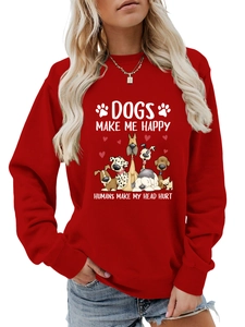Détail d'un sweat rouge avec imprimé Dogs Make Me Happy et finitions en bords-côtes