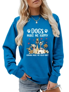 Détail du sweat bleu avec imprimé Dogs Make Me Happy et finitions des poignets en bord-côte