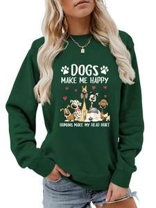 Détail du sweat vert foncé avec imprimé Dogs Make Me Happy et motif de chien mignon