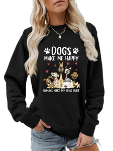 Détail d'un sweat noir avec slogan pour chiens et graphismes de chiens de dessins animés