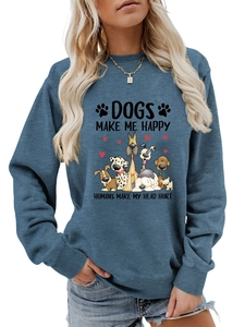 Détail de l'imprimé Dogs Make Me Happy sur sweat-shirt bleu marine à col rond en coton