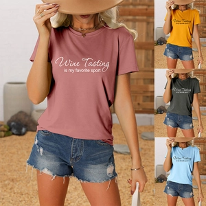Macro detail of cotton crew neck t-shirts with Wine Tasting print in four summer colors