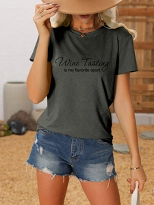 Close-up of Wine Tasting is my favorite sport graphic on charcoal cotton t-shirt