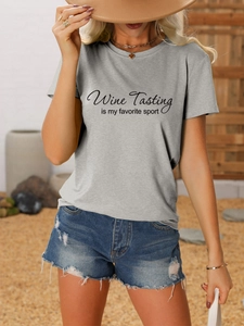 Close-up of Wine Tasting is my favorite sport graphic print on gray cotton T-shirt