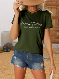 Detail of dark olive t-shirt with 'Wine Tasting is my favorite sport' white slogan