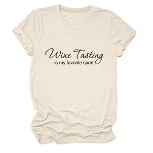 Detail of cream short-sleeve T-shirt with 'Wine Tasting is my favorite sport' black print
