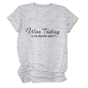 Detail of grey cotton T-shirt featuring Wine Tasting is my favorite sport printed text