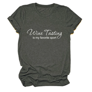 Detail of charcoal heather t-shirt featuring Wine Tasting is my favorite sport text