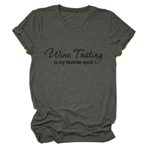 Detail of grey T-shirt with black Wine Tasting is my favorite sport printed text
