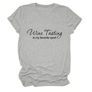 Detail of grey wine tasting is my favorite sport graphic tee on white background