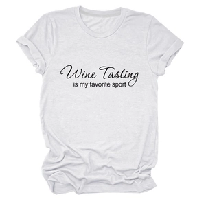 Detailed view of the Wine Tasting is My Favorite Sport print on a white cotton T-shirt