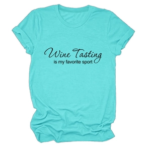 Detailed view of mint green cotton t-shirt featuring Wine Tasting slogan print