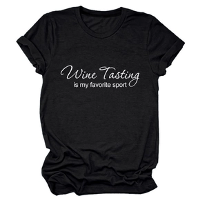Detail view of cotton t-shirt collar and 'Wine Tasting is my favorite sport' slogan print