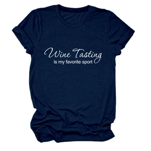 Detail of navy blue cotton t-shirt with 'Wine Tasting' slogan print and rolled sleeve hem