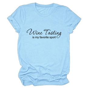 Detail of light blue cotton T-shirt featuring Wine Tasting Is My Favorite Sport print