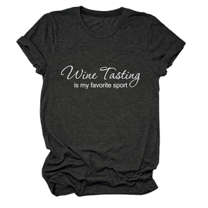 Close-up of the Wine Tasting is my favorite sport text on a dark grey t-shirt