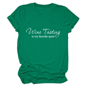 Detail of lime green t-shirt featuring Wine Tasting is my favorite sport print