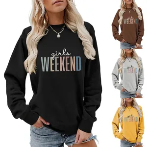 Sweatshirt Décontracté à Col Rond pour Femmes Impression Lettres Girls Weekend Manches Longues Coupe Ample Pull Mode Tops